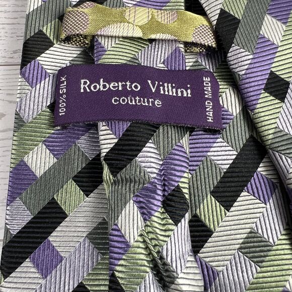 Roberto Villini Couture Silk Tie Geometric Green Purple Handmade Men's Necktie - Picture 3 of 7